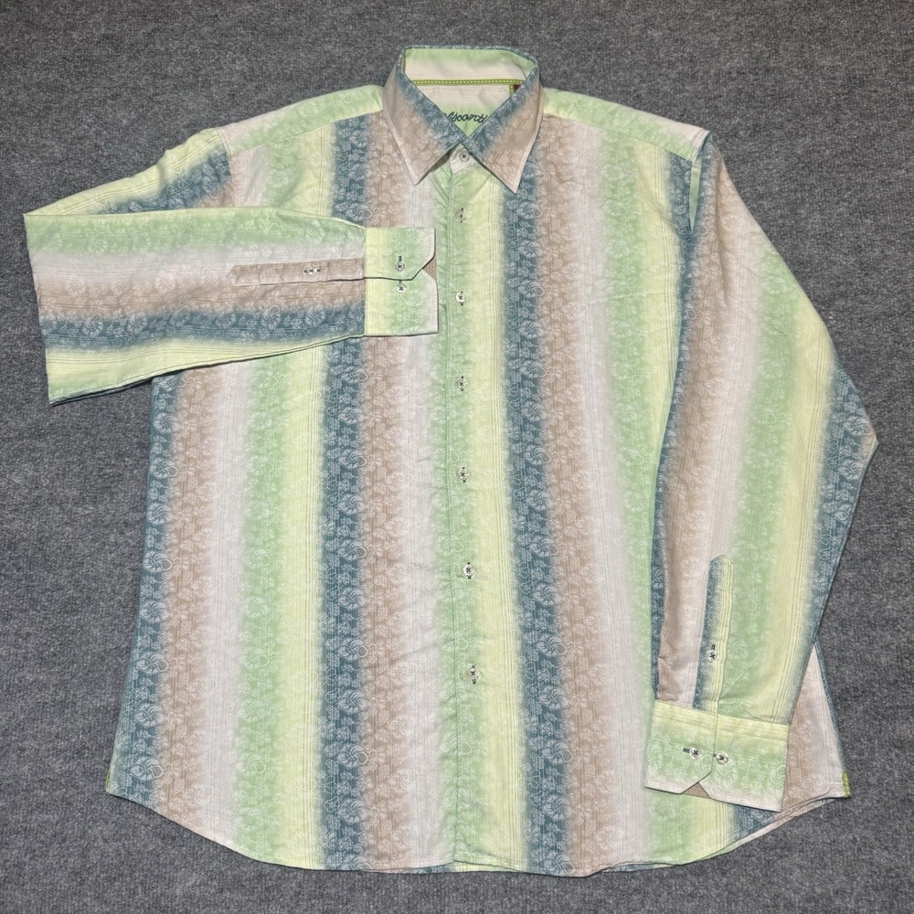 Visconti Button Up Green Blue Floral‎ Striped Textured Men's Size XL Long Sleeve